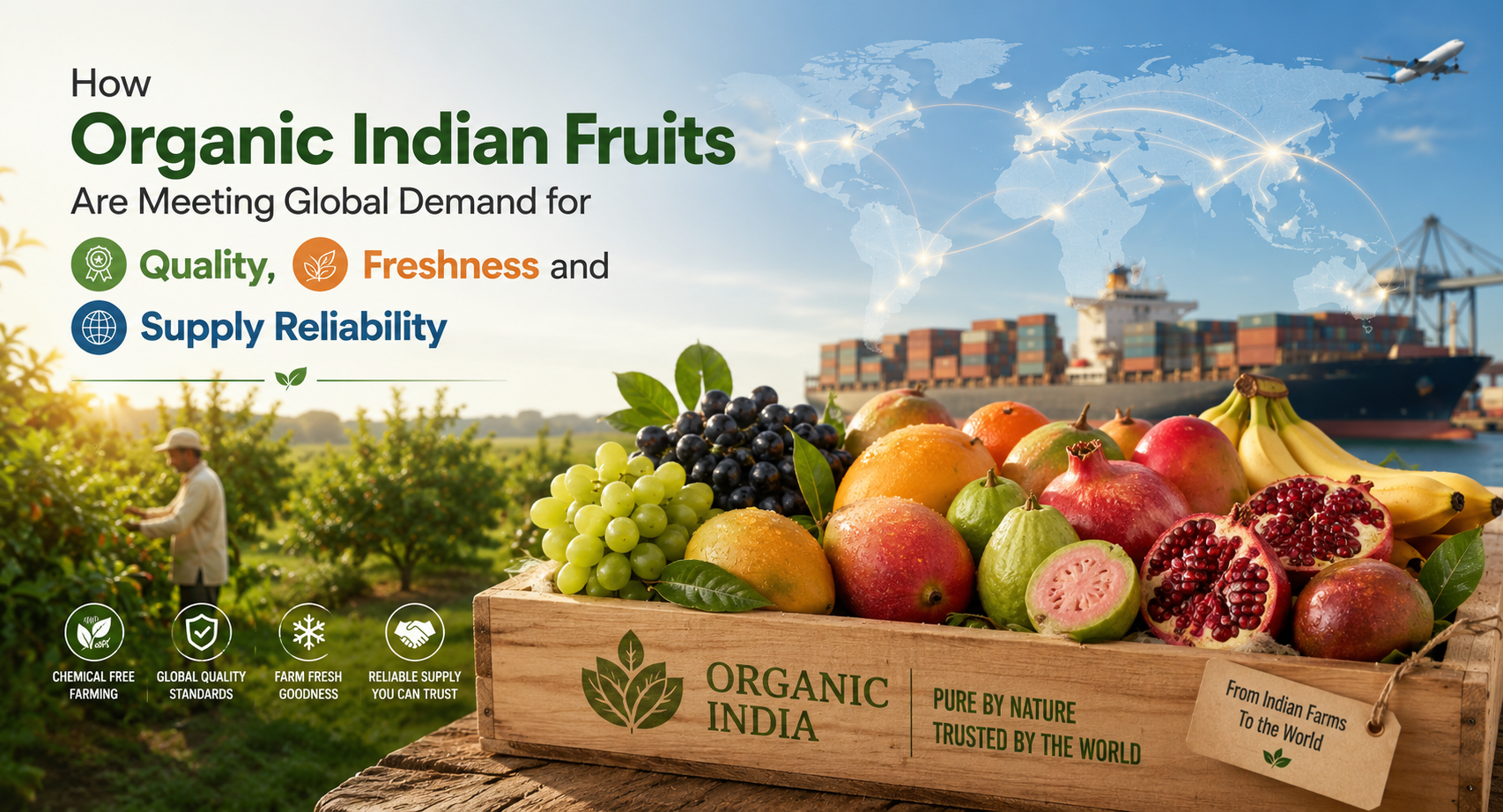 Organic Indian fruits being exported to global markets — mangoes, pomegranates, grapes and bananas