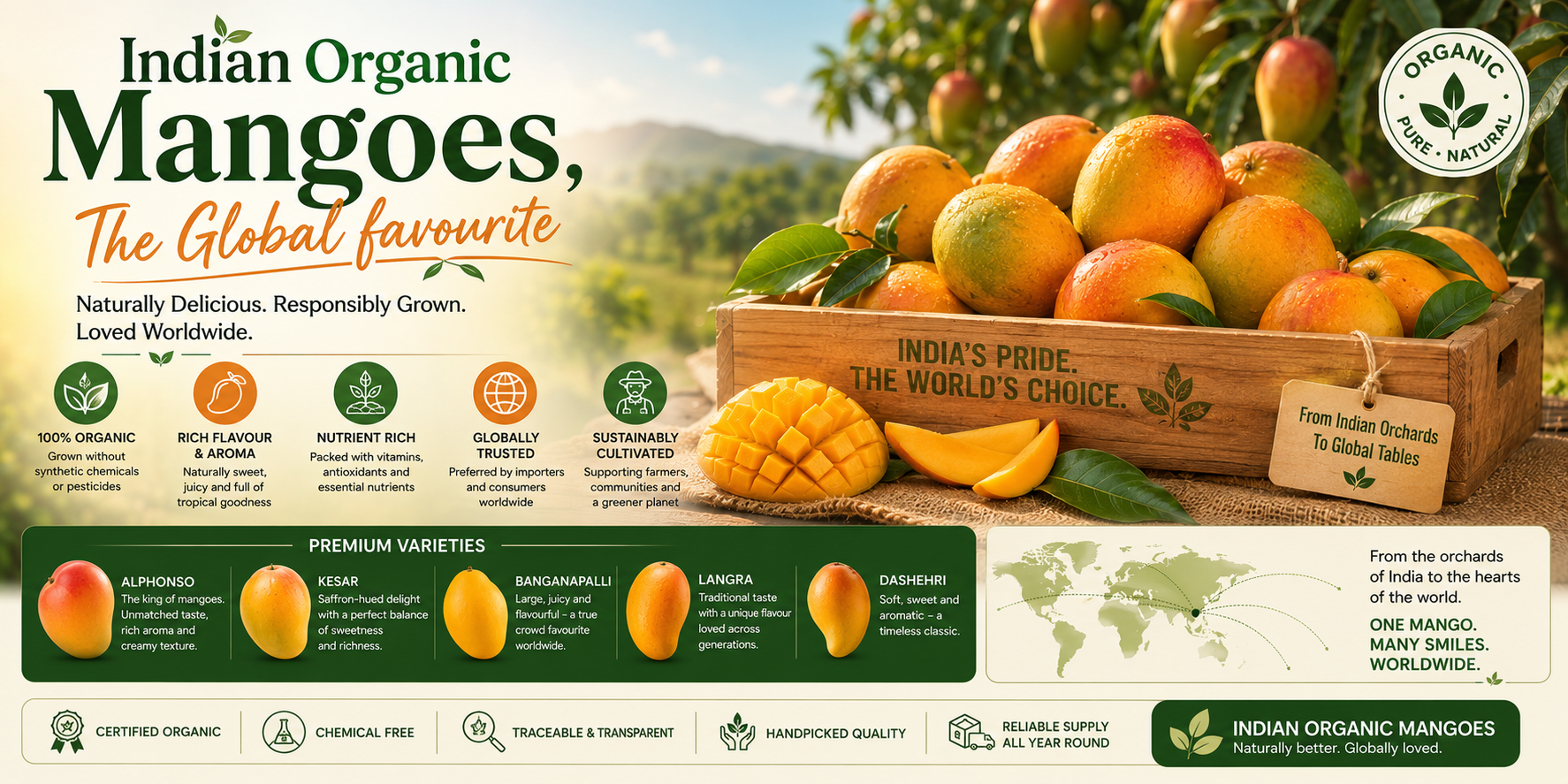 Indian organic mangoes — Alphonso and Kesar varieties, the King of Fruits for global export