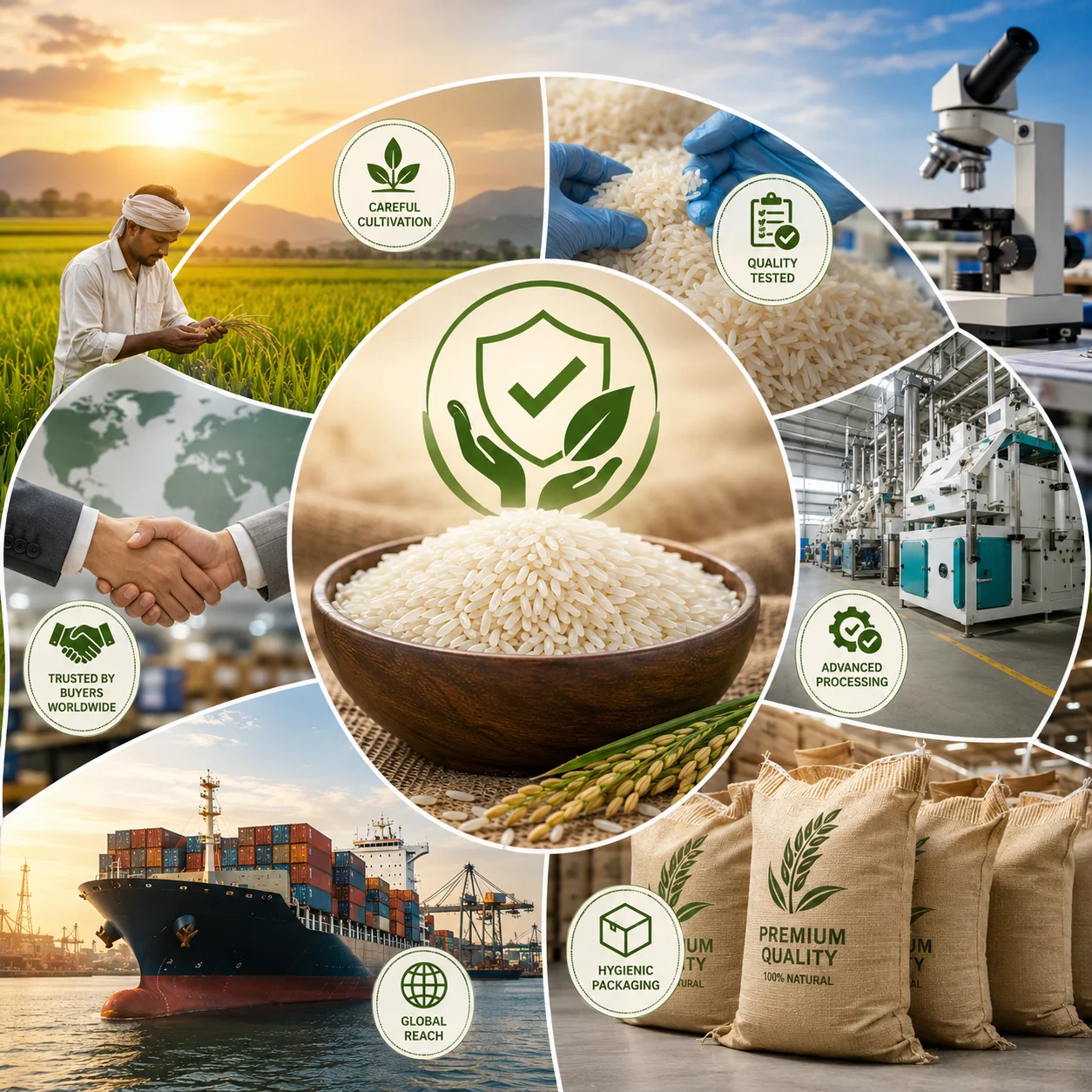 Quality control process for Indian rice export — grain inspection, sorting and grading at Chirak Exim facility